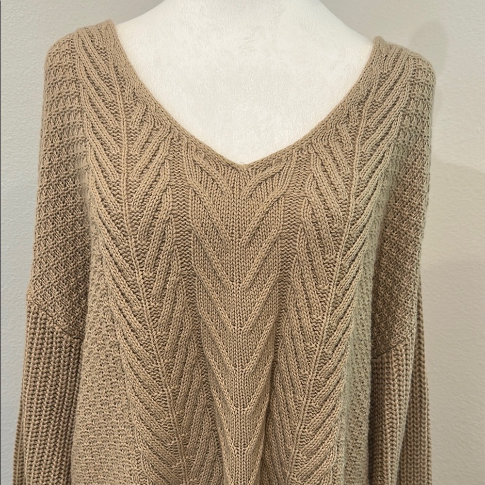 Elegant V-Neck Cable Knit Sweater in Tan - Picture 2 of 13